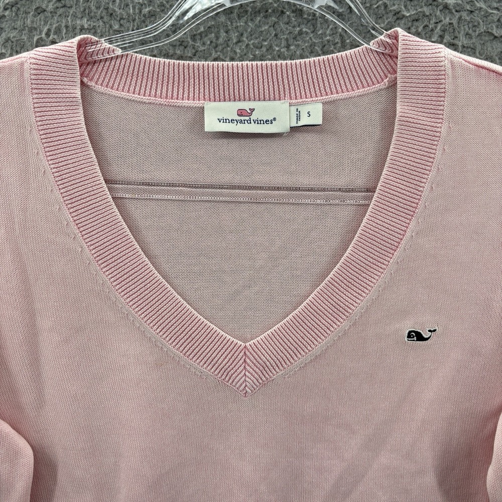 Vineyard Vines Sweater Womens Small Pink Tipped V Neck Knit Pullover Whale Logo